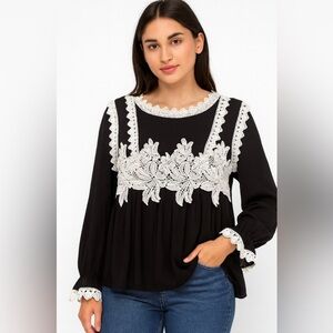 Black & White Lace Yoke Blouse Gathered Peplum Silhouette Victorian Vibes XS